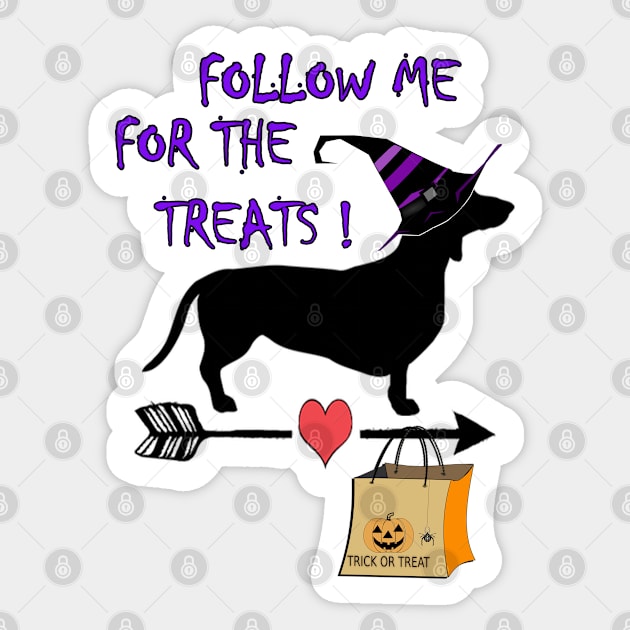 Dachshund Halloween Shirt Trick & Treat Funny Weiner Dog, FOLLOW ME FOR THE TREATS, Funny Dog Gift Products Sticker by tamdevo1